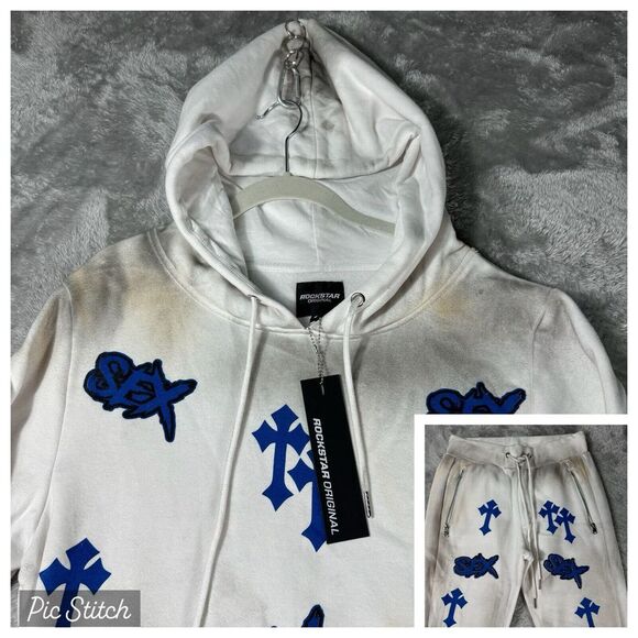 Other - Rockstar Original Sweat Suit Mens‎ S White Hoodie Pants Cross Spray Paint Retro
